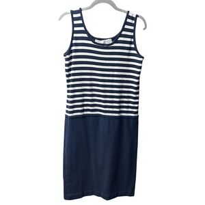 Liz Claiborne Womens 10 L Navy Striped Sleeveless Knit Dress Nautical Sailorcore